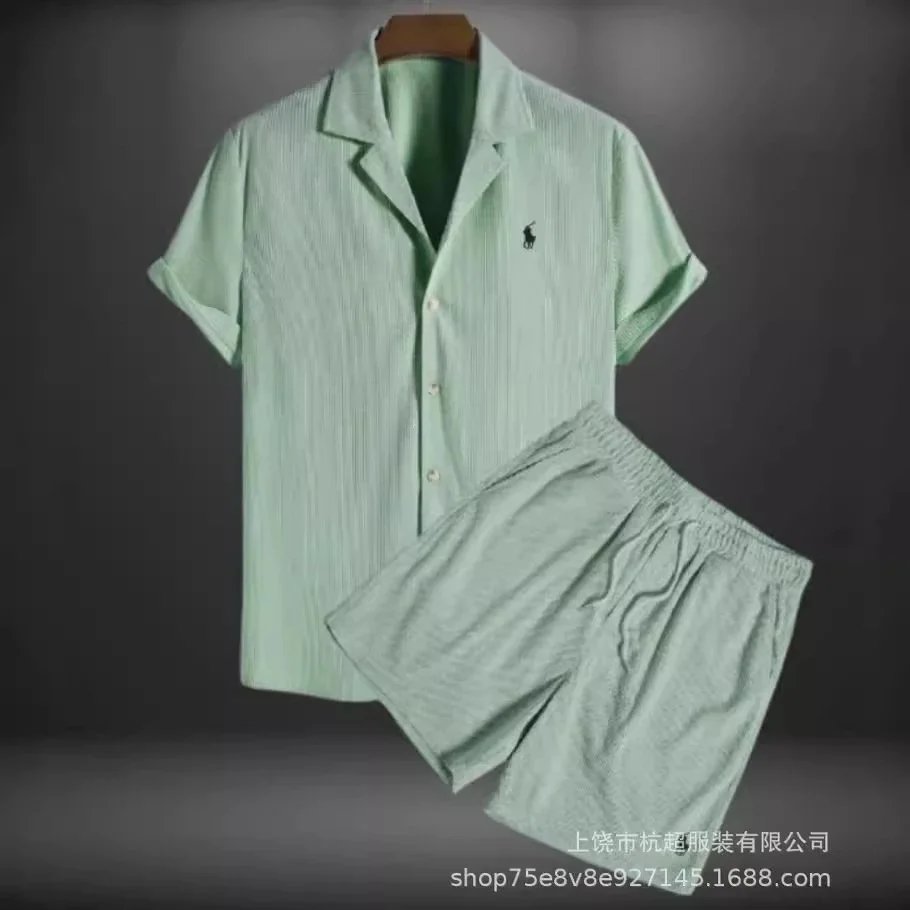H25--Men's shirt casual loose short-sleeved shorts ice silk suit shipped in 2-5 days