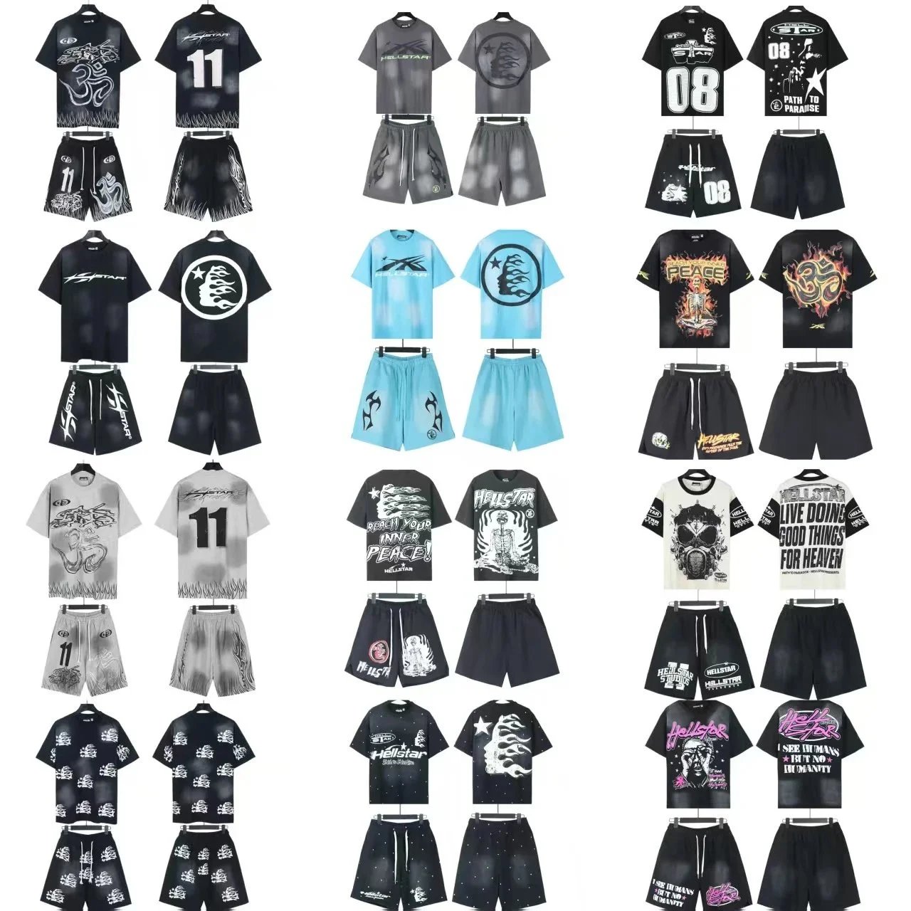 Unisex Loose-Fit Short-Sleeve Printed T-Shirt & Shorts Set — SXBB-TOP / Hell