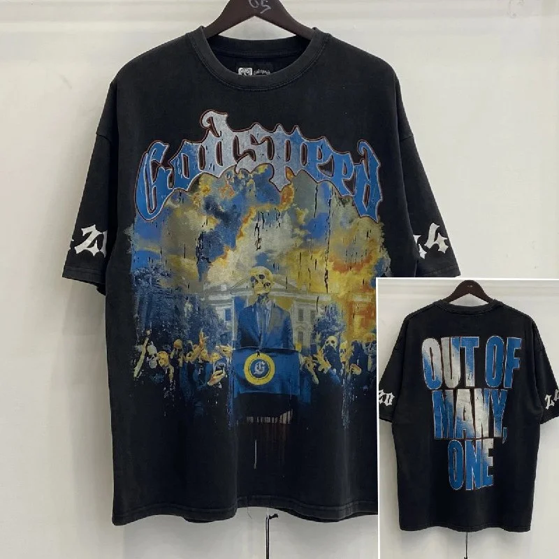 Skeleton Rock Band retro washed casual loose short-sleeved T-Shirt for men and women — #187 7