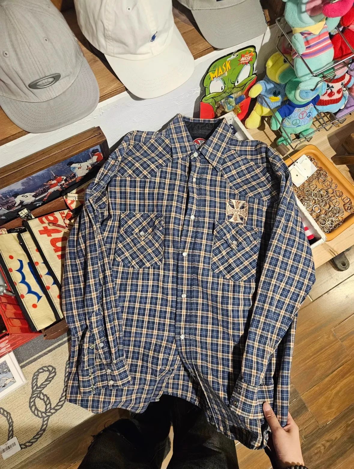 WCC distressed washed blue plaid shirt